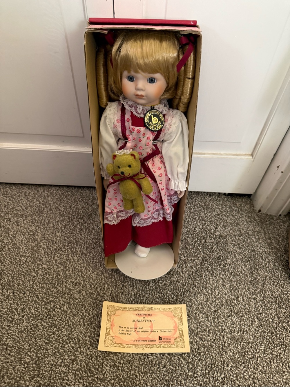 Brinn’s Collectible Porcelain Doll Blonde-Haired Doll w Teddy NEW